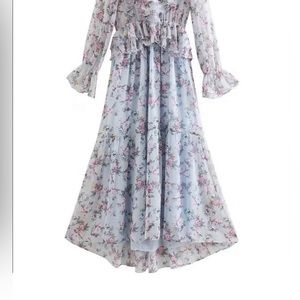Floral Ruffle Light Blue Maxi Dress size XS